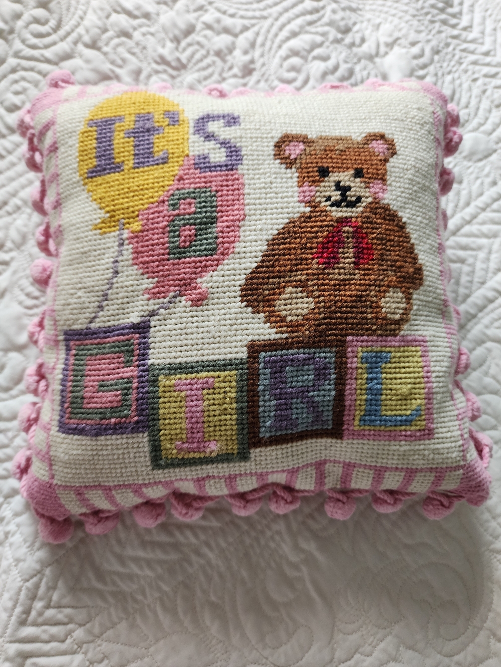 Vintage Needlepoint Pillow Teddy Bear Decorative Nursery Decor Pink Girl Accent